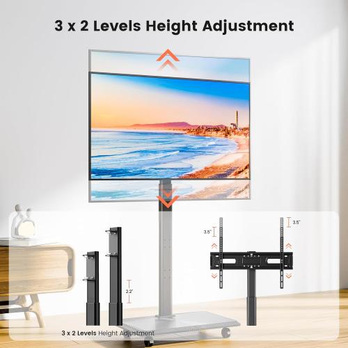Mobile TV Cart Rolling TV Stand for 26-70 inch Screens, Mobile TV Cart Holds up to 88lbs, 25° Swivel with 6 Levels of Height Adjustment for Optimal Viewing, TV Stands for Office,Room, Outdoor,Corner