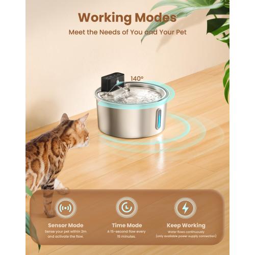 PawPoll Wireless Cat Water Fountain Stainless Steel - 3.2L/108oz Cordless Pet Water Fountain Battery Operated Cat Water Dispenser Ultra Silent Rechargeable Water Fountains for Cats and Dogs