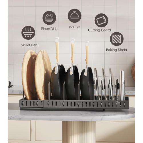 Pull Out Pots and Pans Organizer Under Cabinet, Expandable Sliding Lid Holder and Pan Rack for Kitchen, Slide Out inside Cabinet for Pot Lid, Bakeware, Dishes, 10 Adjustable Dividers, 1 Pack Black