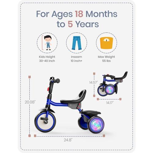 besrey Kids Tricycle with Flash Wheels for Ages 18 Months to 5 Years, Toddler Tricycle with Bell, Kids Tricycle, Gift for 2-5 Year Olds, Gift and Toy for Boys and Girls, Tricycle for Toddlers, Blue