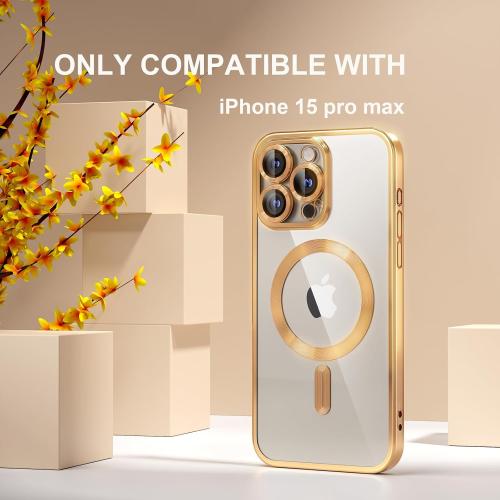 Size iPhone 15 Pro Max Color Gold Misea Magnetic for iPhone 15 Pro Max Case with MagSafe [Never Yellowing] [Military Grade Drop Protection] Full Camera Lens Protector Plating Soft Clear Phone Case for Women Girls, Gold
