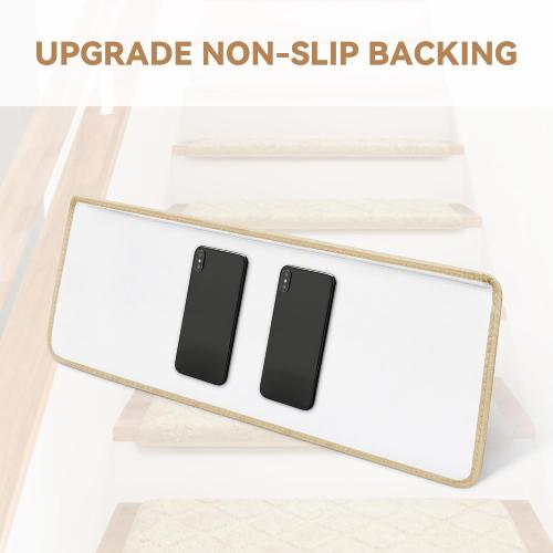 14 Pack Beige 9.5x32 Bullnose Stair Treads Non-Slip 9.5 x 32, 14 Pcs Carpet for Wooden Steps Indoor With Edge Protection, Reusable Peel and Stick TPU Backing Runner Rugs - Diamond Pattern Beige