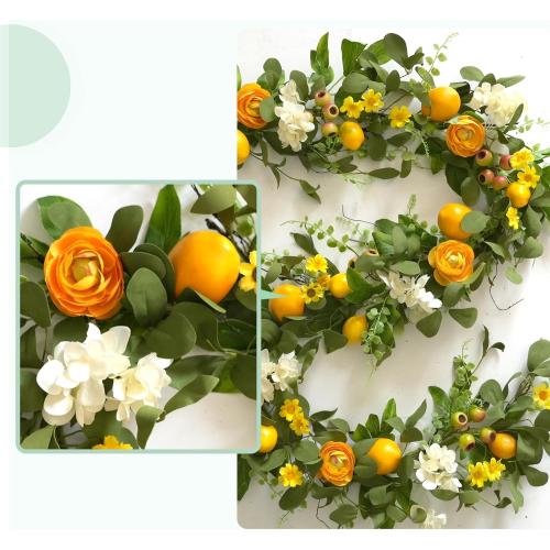 Bibelot 66 inch Artificial Lemon Garland with Yellow Peony, White Hydrangea, Green Leaves, Big Berries, Grapevine - Spring/Summer Wreath for Wall, Window, Party Decor