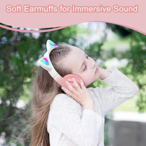 Kids Headphones for School, Kid Bluetooth Wireless Cat Ear Headphones with Microphone, Over Ear Headphones for Kids Teens Adults (Pink Pro)