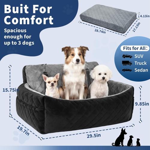 Garvee Extra Large Dog Car Booster Seat with Safety Belt, 3-Side Pet Travel Bed for 2 Medium Dogs, Waterproof & Non-Slip, Foldable Car Seat Cover for Truck SUV Sedan
