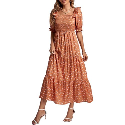 Rooscier Women's Floral Print Ruffle Shirred Swing Puff Short Sleeve Elegant Maxi Dress size medium
