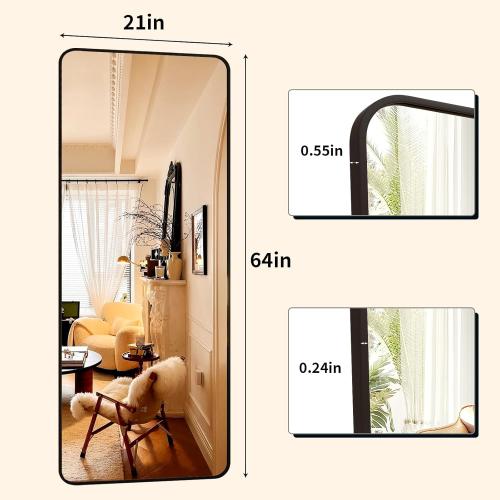 64x21 Full Length Mirror, Full Body Rounded Corner Rectangle Mirrors with Stand, Standing or Leaning Metal Framed Floor Mirror, Wall Mounted Mirrors Hang Horizontally or Vertically, Black