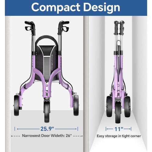 soundfuse Lightweight 3 Wheel Walkers for Seniors, Foldable Aluminum Frame | Weighs only 10.2lbs, Height Adjustable, Removable Storage Bag, Three Wheel Rollator Walker for Indoor and Outdoor Use