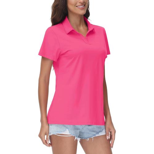 Zhenwei, Pink, Medium, Women's V-Neck Polo Shirts UPF 50  Short Sleeve Sun Protection Quick Dry Golf Polos Collared Shirt