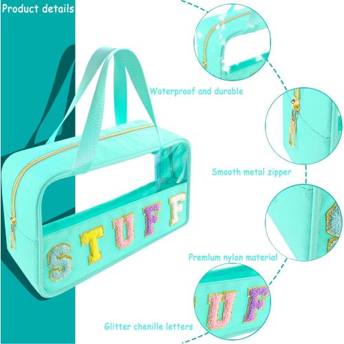 Chenille Letter Clear Makeup Bag Stuff Patch, Travel Toiletry Makeup Bag with Handle, Nylon Waterproof Makeup Bags clear cosmetic bag, preppy patch makeup bag for Women (STUFF-Mint Green)