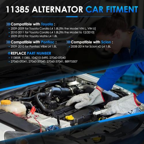 11385 Car Alternators Fit for Toyota Corolla, Matrix, for Pontiac Vibe 2009-2010, for Scion xD 2008-2014 1.8L Automotive Replacement Alternator 270600T040, 27060-0P150, 104210-5490