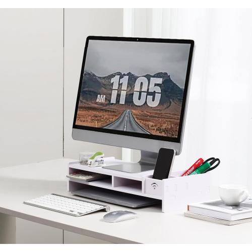 Monitor Stand Riser, Laptop Riser Shelf with Organizer Drawer (White, 19 L x 8 W x 4.6 H)