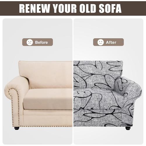 SearchI Stretch Sofa Cover Printed Couch Cover, Floral Pattern 4 Pieces Sofa Slipcover with 3 Separate Cushion Cover, Washable Furniture Protector for Living Room(Sofa, Grey Lotus White)