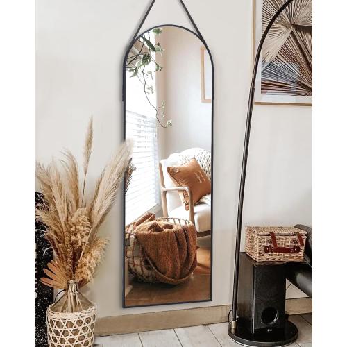 ITS RG Arched Full Length Wall Mirror - Mounted with Leather Strap for Bathroom, Living Room, Entryway (16x48 Black)