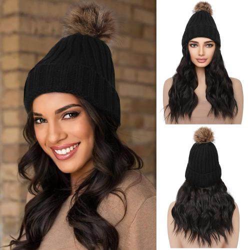 REECHO Warm Knitted Beanie Hat with 12 Beach Wavy Synthetic Hairpiece - Black Beanie, Black Brown Hair
