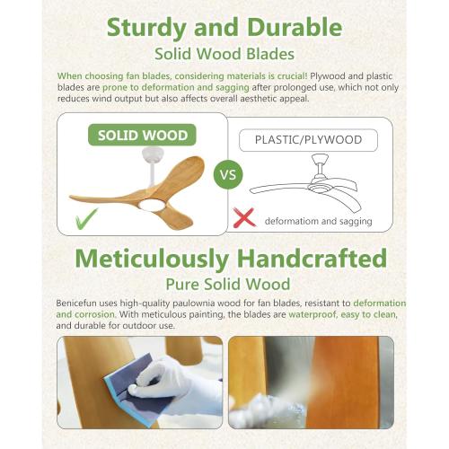 42-Inch Natural Wood Ceiling Fan with Lights, Remote Control, Dimmable, Reversible, Wood Blades, Power-Off Memory, Quiet DC Motor – Modern outdoor Ceiling Fan for Living Room, Bedroom, Patio