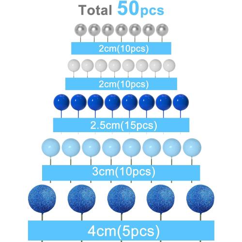 ASTARON 50 Pcs Ball Cake Topper Sticks Mini Balloons for Decorating Supplies Foam Balls Cake Toppers for Baby Shower, Birthday - Blue Series