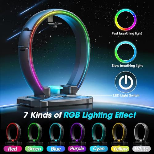 KDD RGB Headphone & Controller Stand with 9 Light Modes - Foldable Controller Hanger for Desk - Earphone Stand with Cable Organizer - for Gamers Desktop Accessories