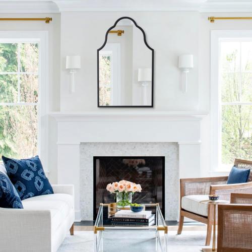 Chende Black Bathroom Mirror for Over Sink, 32X20 Arched Mirrors with Scalloped Wooden Frame, Elegant Decorative Mirror for Living Room, Dining Room, Entryway