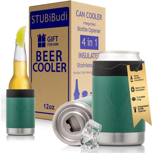 OAKMANN Stainless Steel Beer Cooler With Bottle Opener, Vacuum Insulated Can Cooler 12 oz for Bottles Cans, 4-in-1 Universal Insulator Coozy for Bottles Cans, Best Gifts for Beer Lovers (Green)