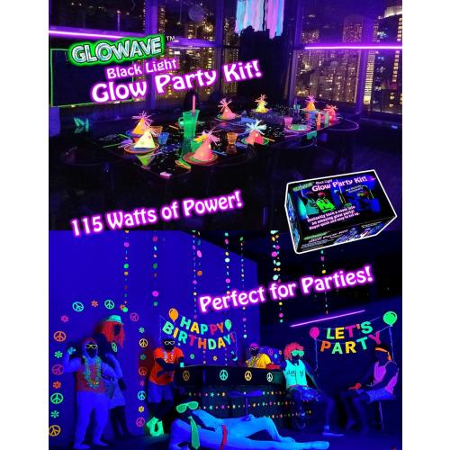 Black Lights for Glow Party! 115W Blacklight LED Strip kit. 4 UV Lights to Surround Your Neon Party. Ultraviolet Lighting for Big Rooms. Easy Set up! Glow in The Dark Party Supplies. Fiesta Luz Negra