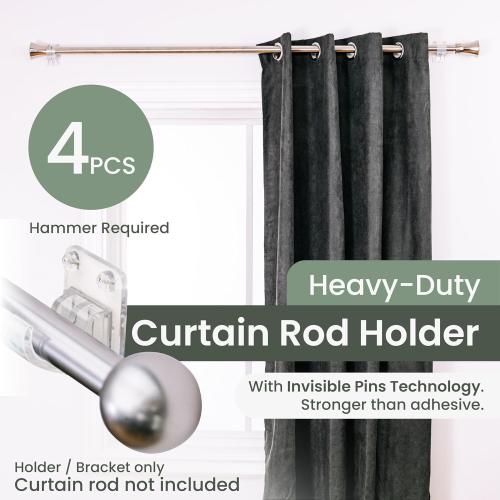 No Adhesive Heavy Duty Curtain Rod Holders with Wide Hook, 5X Stronger Than Adhesive Curtain Rod Hooks,Tension Curtain Rod Bracket for Wall with Pin Guide, Curtain Wall Mount (4 Pack, for 0.75 Rods)