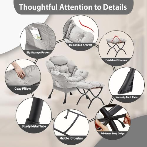 Youtanic Lazy Chair with Folding Ottoman, Accent Chair Velvet Upholstered with Metal Structure and Non-Slip Pads, Sofa Armchair with Footrest and Side Storage Bag for Dorm, Room, Office, Light Gray