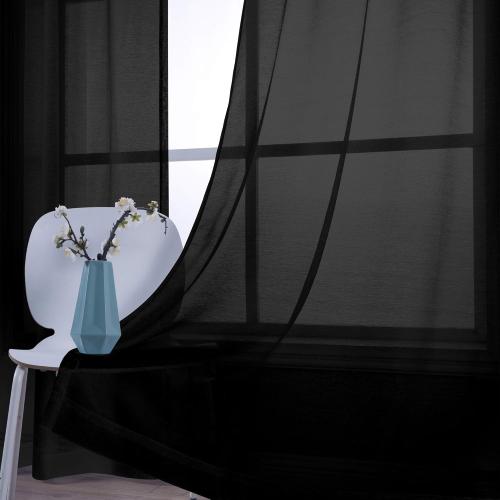 Semi-sheer black curtains for living room (set of 2 panels with grommets). Modern sheer black voile curtains for bedroom