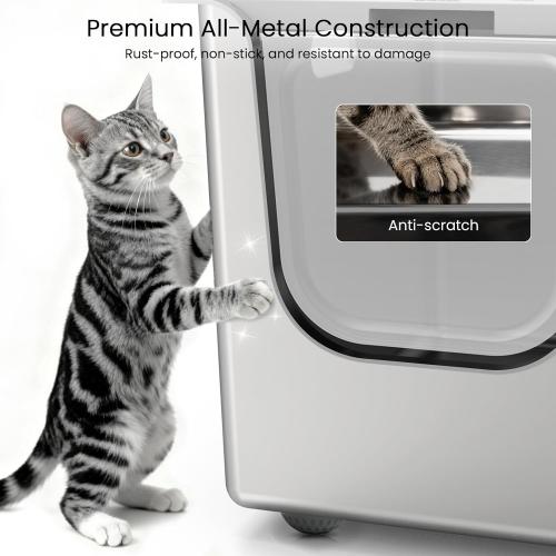 Stainless Steel Litter Box with Lid, Cat Litter Box with Door 14.5'' High Sides, XL Metal Kitty Litter Pan, Pet Toilet with Wheels for Easy Mobility, Anti-Leakage, Non-Sticky, Easy Clean