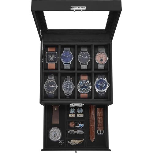 SONGMICS Watch Box, 8-Slot Watch Case Organizer with Large Glass Lid, 2 Layers, Removable Pillows, Metal Lock, Gift for Loved Ones, Black Synthetic Leather, Christmas Gift, Black Lining UJWB080B01