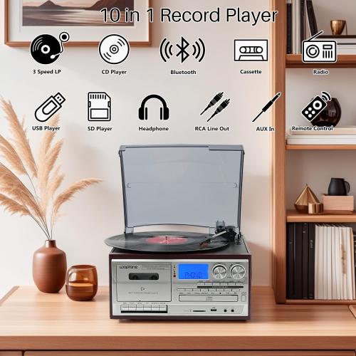 LoopTone Vinyl Record Player 10 in 1 3 Speed Bluetooth Vintage Turntable CD Cassette Player AM/FM Radio USB Recorder Aux-in RCA Line-Out (Red-Silver)