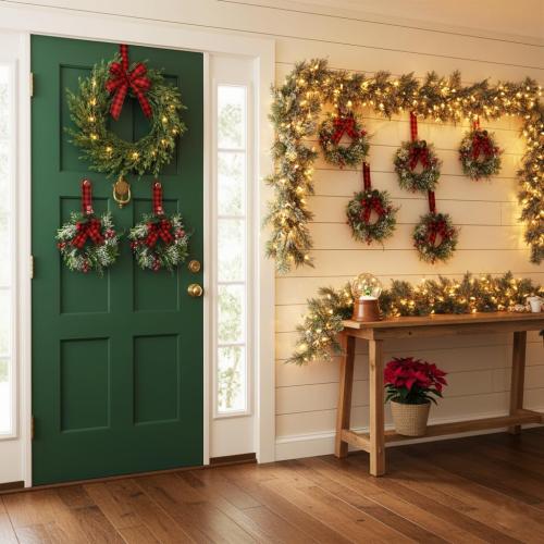 4 Pcs 9.5 Mini Christmas Wreath for Cabinets, Christmas Wreath for Kitchen Decor, Mini Wreaths with Ribbon and Cherry, Door or Kitchen Decor