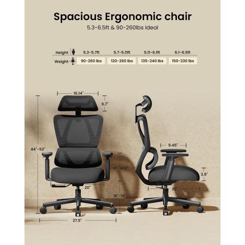 ProtoArc Ergonomic Office Chair for Home Office, High Back Desk Chair with Thick Spring Cushion, Adjustable Headrest, Armrests, Big and Tall Mesh Computer Chairs for Long Hours Sitting, EC100 - Black