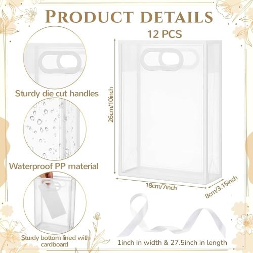 Aliceset 12 Pcs Clear Plastic Gift Bag with Die Cut Handles Reusable PP Favor Bag with Ribbon for Wedding Bridal Birthday Baby Shower Party Small Business, 7x10x3.15 Inch(White)