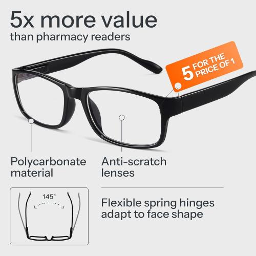 Gaoye 1.75 Professional Reading Glasses for All Day - Computer Readers with Blue Light Protection - Value 5 Pack *Black*