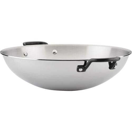 KitchenAid 5-Ply Clad Polished Stainless Steel Wok, Induction Compatible, Dishwasher Safe, 15 Inch Open Stir-Fry Pan