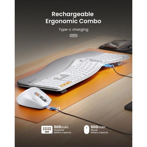 ProtoArc EKM01 Plus Wireless Ergonomic Keyboard Mouse Combo - White Silver | Full-size Split Keyboard with Cushioned Wrist Rest, Ergonomic Mouse, 3-Device Bluetooth/2.4G, USB-C Rechargeable