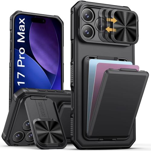 SSLOTSCASE for iPhone 17 Pro Max Case with Card Holder & Kickstand & Slide Camera Lens Cover & Camera Stand & Wallet, Military-Grade Heavy Duty Phone Case Cover for iPhone 17 Pro Max 5G 2025, Black