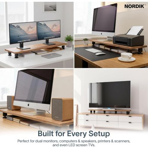 Nordik Large Dual Monitor Riser for 2 - 42.5 Inch Premium Handmade Hardwood Acacia Computer - Wood Shelf Desk Organizer Television - Laptop TV Stand with Storage Organizer for Desk Accessories (Brown)