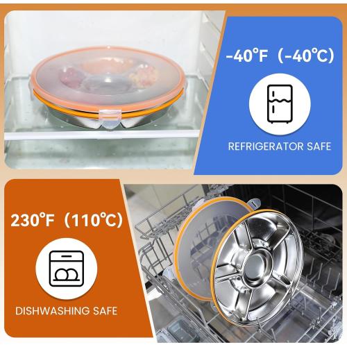 Divided Serving Tray with Lid, Stainless Steel Veggie Tray with Plastic Lid, Reusable Vegetable Platter, Snack Tray, Snackle Box for Party, Easy to Clean (6 Compartments, 60oz)