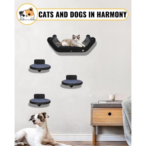 Wooden Cat Wall Shelves with 3 Steps – Space-Saving Wall Mounted Cat Tree Set, Modern Climbing Wall Furniture & DIY Shelves Kit for Small Apartments, Cat Bed for Sleeping, Playing and Climbing