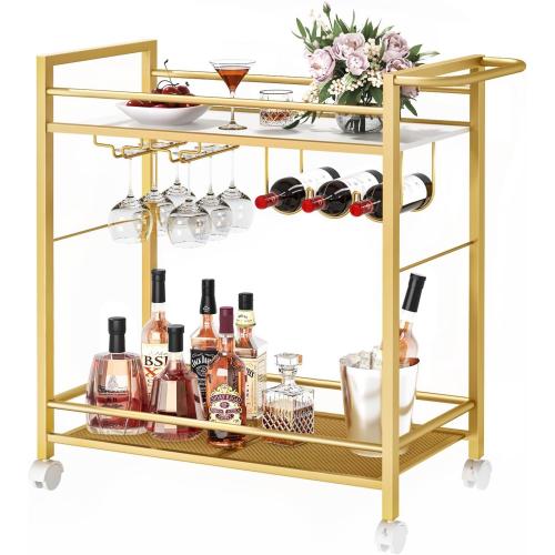 Bar Cart,Home Bar Serving Cart with Storage Shelves, 2 Tier Rolling Beverage Cart with Wheels, Modern Wine Cart with Wine Rack and Glass Holder for Kitchen, Living Room,Dinning Room,Gold