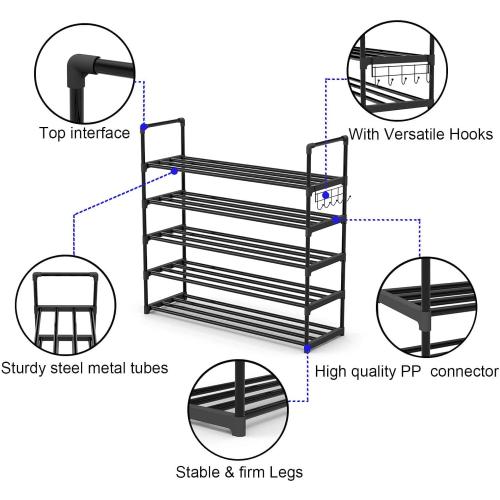 Hsscblet 5 Tiers Metal Shoe Rack,Adjustable Shoe Shelf Storage Organizer with Hooks,Stackable Boot & Shoe Storage,for Entryway,Hallway,Closet,Black