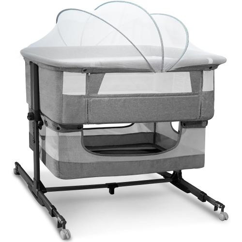 Baby Bassinet, 3 in 1 Bedside Sleeper with Mattress and Mesh Sides, Mosquito Net, Storage Basket, with Rocking Function, 5-Height Adjustable, Easy Assemble Crib for Newborn, Gray