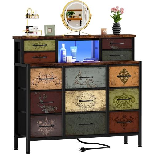Dresser for Bedroom with 13 Drawers 2 Open Shelves, Fabric Storage Dresser, Chest of Drawers, Pattern Organizer for Closet, Bedside, Living Room, Entryway, Hallway