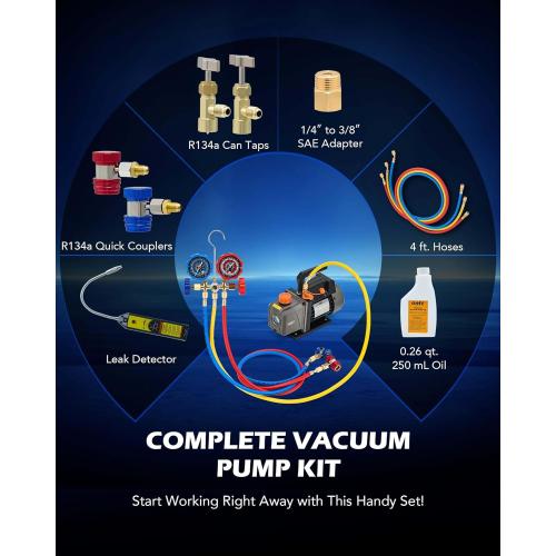 Orion Motor Tech AC Vacuum Pump and Gauge Set, 1/3 hp 4 cfm Vacuum Pump Manifold Gauge Kit with Leak Detector 3 Hoses & Accessories for R134a R12 R22 R502, A/C Vacuum Pump Kit for Auto HVAC Systems