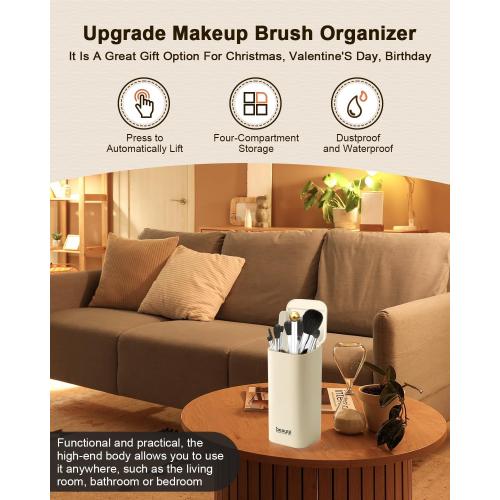 Upgrade Makeup Brush Holder Organizer with Lid, Automatic Lifting Dustproof Makeup Brushes Organizer with 4 Compartments for Vanity，Cosmetic Storage for Dresser Countertop and Bathroom (White Gold)