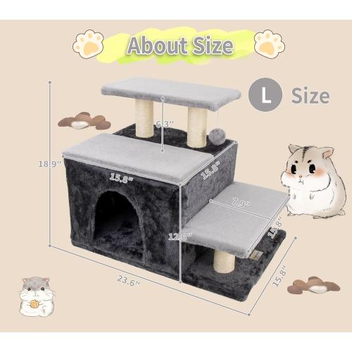 3-in-1 Pet Stairs for Cats for High Bed, Adjustable Dog Steps, Modular 3-Tier, Cushioned Steps & Big Cat Condo, Adjustable Entrance, Dangling Ball, for Kittens, Senior & Fat Cats (Grey, Large)