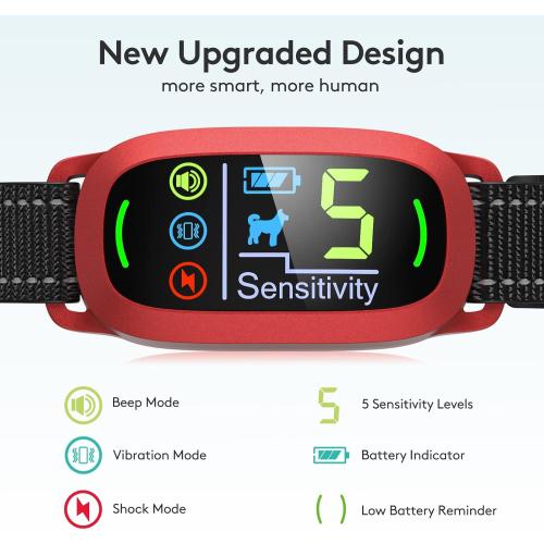 Bark Collar, Rechargeable Dog Bark Collar with 5 Adjustable Sensitivity and Intensity Beep Vibration Shock, Anti Barking Collar for Small Medium Large Dogs… (Red)