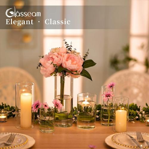 Glasseam Clear Glass Cylinder Vase, 6pcs Glass Vases for Centerpieces, Modern Floating Candle Vases for Flowers, Hurricane Vase Decor Candle Holders for Pillar Candles Wedding Decorations (4/6/8)